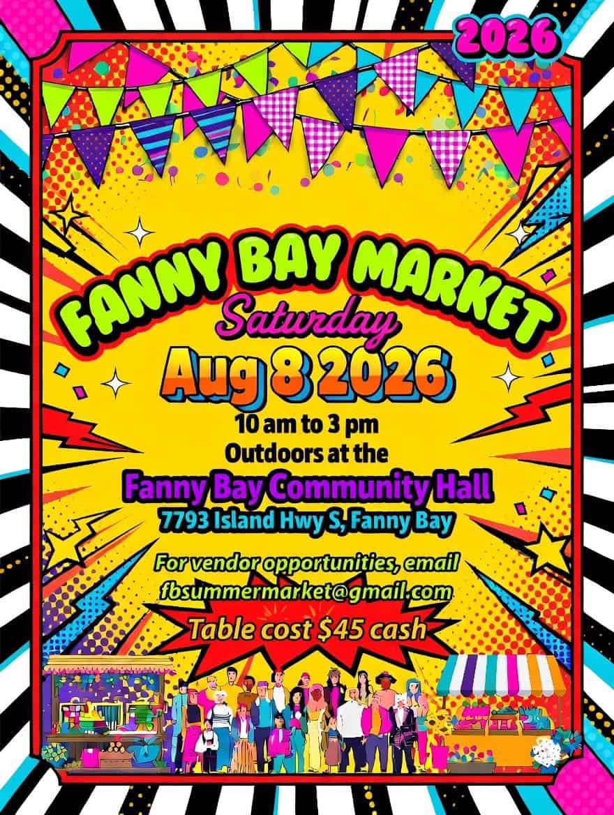 Colorful poster for Fanny Bay Summer Market on August 8, 2026, with vibrant graphics and event info.